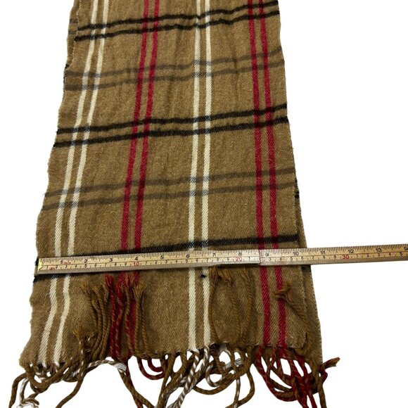 Plaid Pattern Beige Red & Black Fringe Scarf By Cejon 56" X 10" Acrylic Blend Ma - Picture 8 of 8